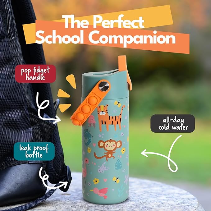 Elemental Insulated Kids Water Bottle, Stainless Steel Water Bottle with Straw Lid & Pop-It Handle, Leak-Proof Water Bottles for School, Boys or Girls, Travelling and Sports, 18oz - Safari