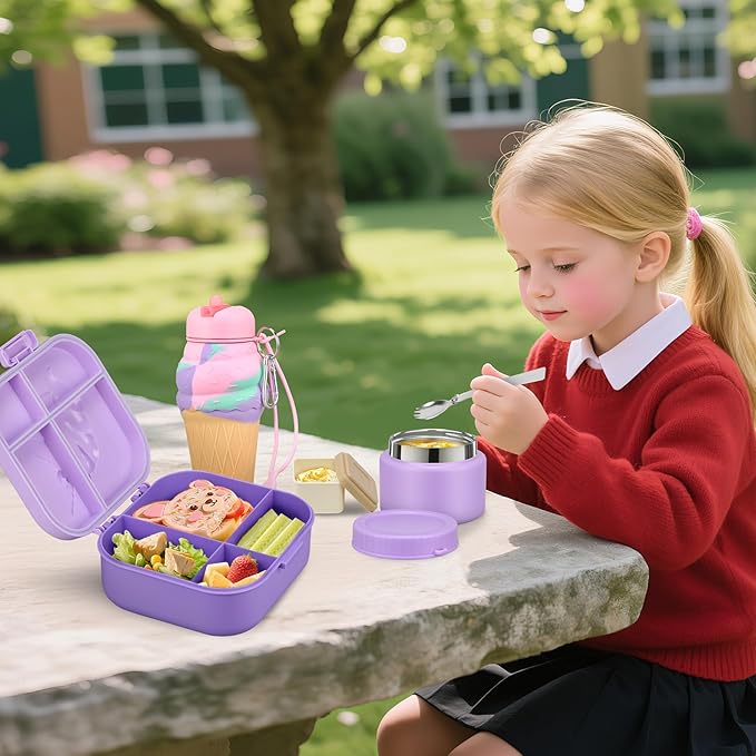 Kids Lunch Box Set -12oz Insulated Food Jar, Thermal Bag,Leakproof Lunch Food Containers Cutlery (BPA Free)-Gift for Girls/Boys Age 3-10 (Purple+Purple Jar)