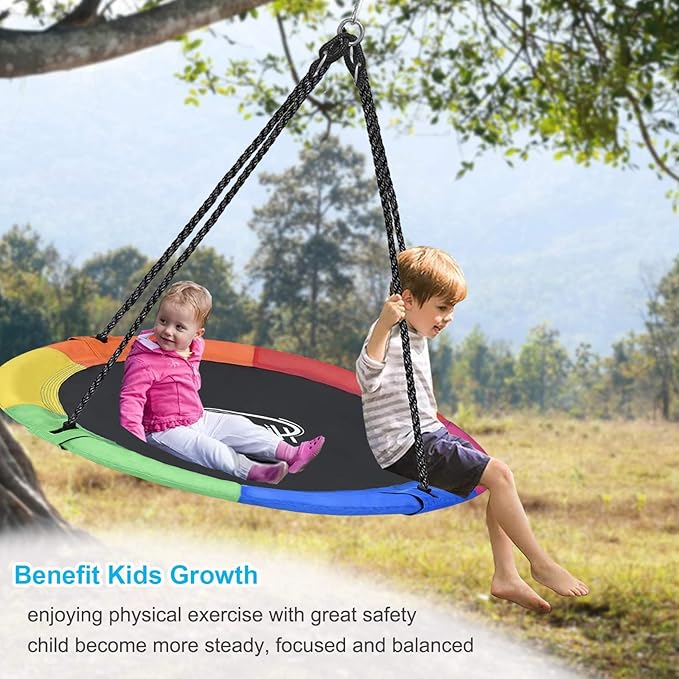 43 inch Saucer Tree Swing for Kids,Flying Round Swing Heavy Duty, Waterproof and All-Weather Resistant Textilene,Swivel,Adjustable Strong Ropes,Easy to Install,Outdoor Playground Backyard