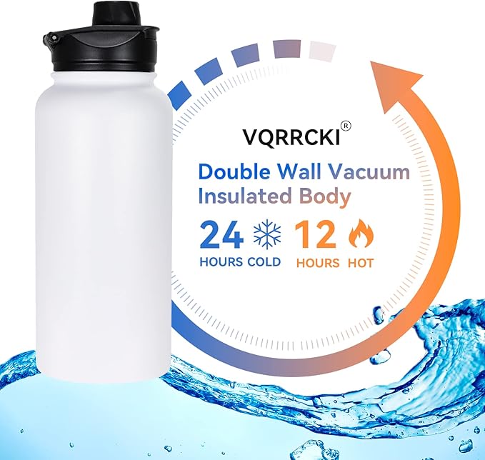 32 oz Insulated Water Bottle with Straw Lid & Wide Mouth Lids, Stainless Steel Sports Water Bottles, Double Walled Vacuum, Leak Proof, White