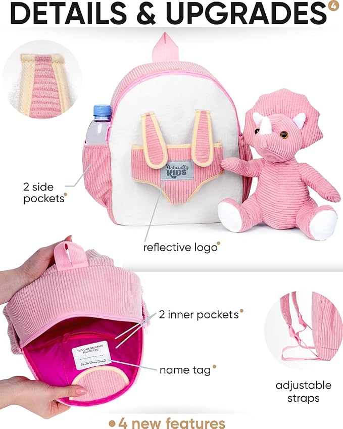 Naturally KIDS Pink Dinosaur Toys for Girls 4-5, Triceratops Toy, Dinosaur Gifts for 4 Year Old Girls, Gifts for 5 Year Old Girl, Toddler Backpack