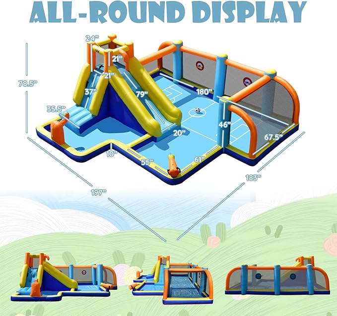 BOUNTECH Inflatable Water Slide, Kids Water Park Jump Castle Water Soccer with Dual Cannons, Splash Pool, Water Slides Inflatables for Kids Outdoor, Backyard Party Water Slide Bounce House with Blower