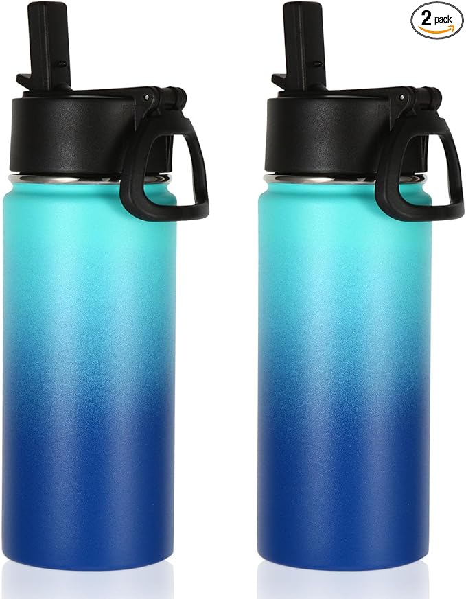 Volhoply 16 OZ Kids Water Bottle Bulk 2 Pack,Insulated Sports Bottles with Straw Lid,Stainless Steel Bottle with Handle Keep Cold & Hot,Double Wall Vacuum Tumbler Cups for School(Green Blue, 2)