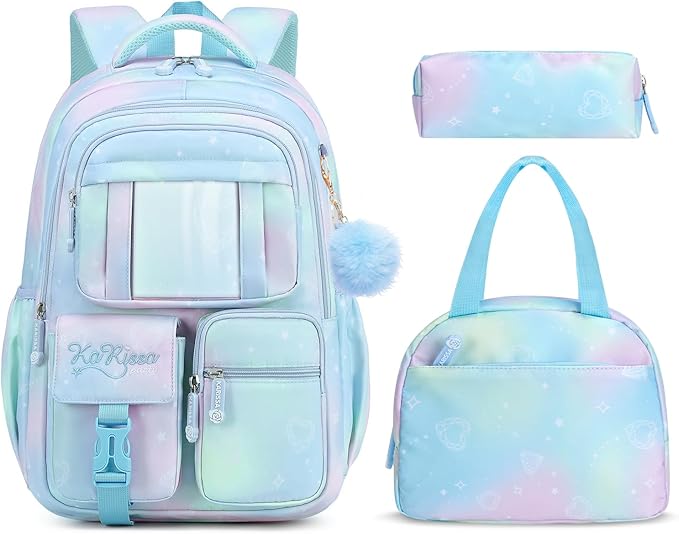 Tanou Backpack with Lunch Box for Girls, Kawaii Set School Bag for Kid Elementary Middle School, Aesthetic Laptop Bookbag Lightweight, Blue