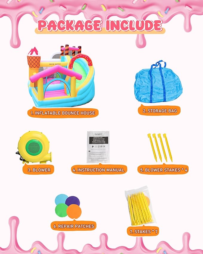 Doctor Dolphin Inflatable Bounce House with Air Blower, Bouncy Castle for Toddlers, Kids Jumping and Slide Castle for Indoor & Outdoor