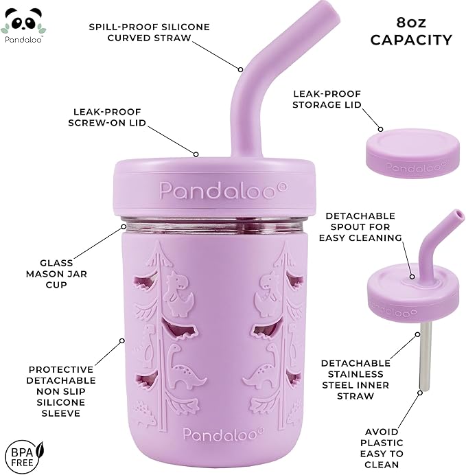Pandaloo® Mason Jar Toddler Cup - 8 oz Spill-Proof Glass Tumbler with Silicone Straw and Lid, Non-Slip Sleeve, BPA-Free Toddler Snack Cups - Perfect Smoothie Cups with Lids and Straws for Kids