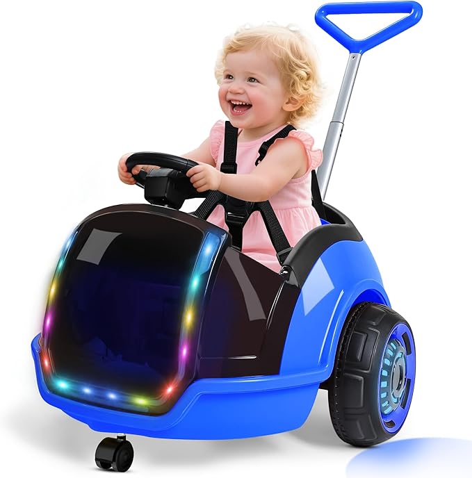 ANPABO 3-in-1 Electric Push Ride On Car, 12V Kids Ride On Toy w/Remote Control, 360° Spin, 5-Point Safety Belt, Colorful LED Light, Music Player, Push Car for Toddler Ages 1-3 (Blue)