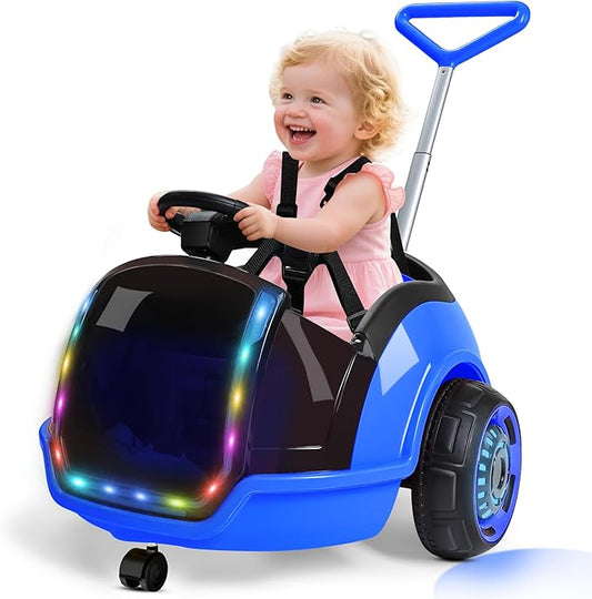 ANPABO 3-in-1 Electric Push Ride On Car, 12V Kids Ride On Toy w/Remote Control, 360° Spin, 5-Point Safety Belt, Colorful LED Light, Music Player, Push Car for Toddler Ages 1-3 (Blue)