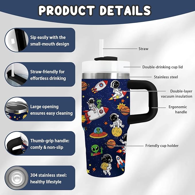 Space Themed Gifts for Boys - 14oz Kids Astronaut Tumbler with Handle and Straw, Stainless Steel Insulated Water Cup, for Sports, School - Space Themed Children's Birthday Gift Cup (1pc)