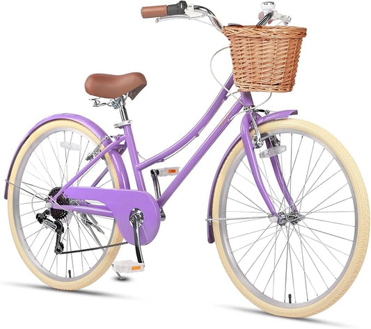 Glerc 20 24 26 Inch Beach Cruiser Bike, 6-Speed Hybrid City Bicycle for Girls Youth and Over 6 Years Old, Missy Bike with Wicker Basket & Lightweight, Multiple Colors