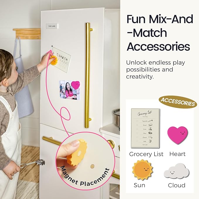 Tiny Land Wooden Toy Fridge with Spacious Storage, Realistic Play Kitchen Refrigerator for Kids’ Pretend Play with Three Freezer Magnets