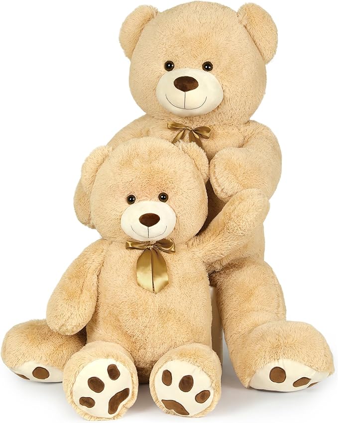 MaoGoLan Giant Teddy Bear Stuffed Animal, 39" Large Tan Teddy Bear Plush Toy with Cute Bow Tie & Footprints, Soft Sunggle Bear Plushies Gift for Kids Grilfriend Wife on Christmas Birthday Baby Shower