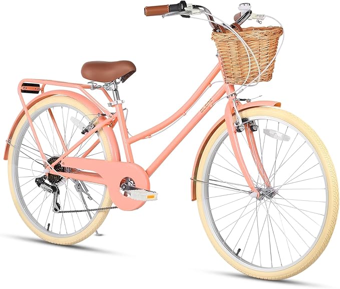 Glerc 20 24 26 Inch Beach Cruiser Bike, 6-Speed Hybrid City Bicycle for Girls Youth and Over 6 Years Old, Missy Bike with Wicker Basket & Lightweight, Multiple Colors