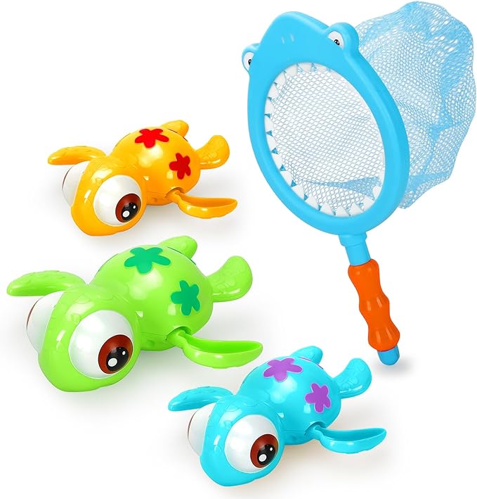 Bath Toys Set for Toddlers 1-3 Kids 4-8, 3Pcs Wind Up Swimming Turtle Water Toys with 1Pcs Shark Fishing Net, Floating Wind Up Turtle Bathtub Toys for Boys and Girls