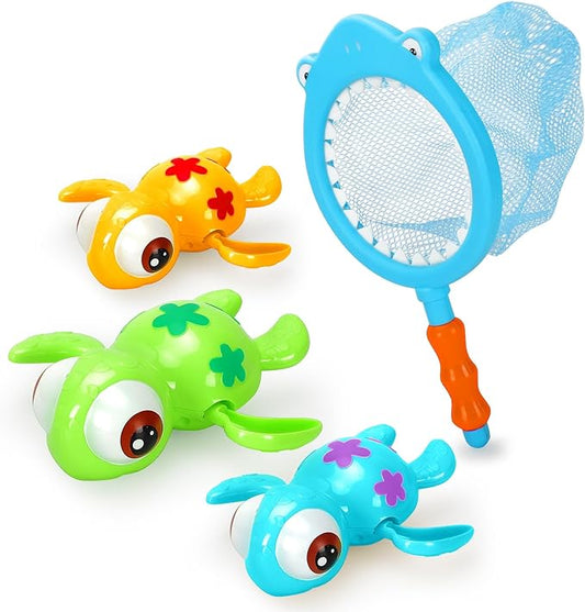 Bath Toys Set for Toddlers 1-3 Kids 4-8, 3Pcs Wind Up Swimming Turtle Water Toys with 1Pcs Shark Fishing Net, Floating Wind Up Turtle Bathtub Toys for Boys and Girls