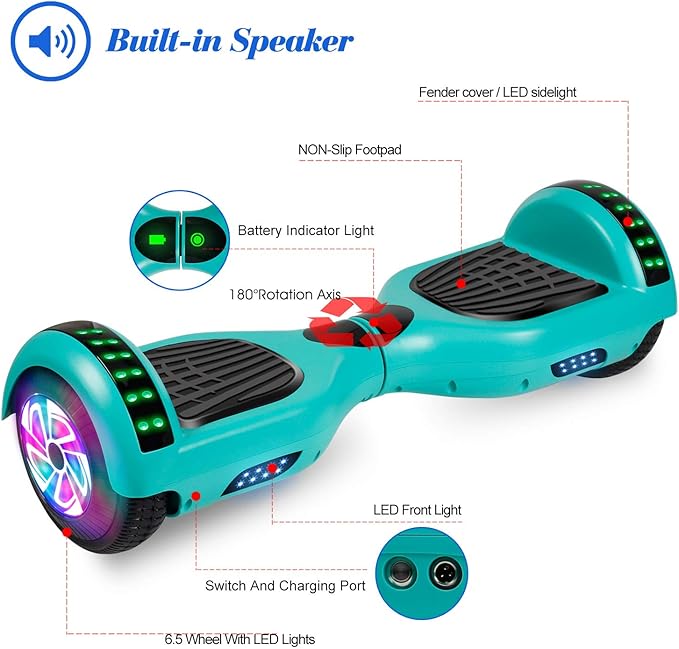 LIEAGLE Hoverboard, 6.5" Self Balancing Scooter Hover Board with Bluetooth Wheels LED Lights for Kids Adults