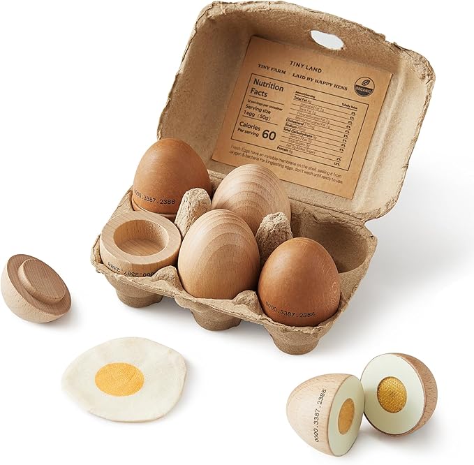 Tiny Land Wooden Egg Toy Set for Kids – 6-Piece Pretend Play Food with Cutting Eggs, Fried Egg & Realistic Carton – Montessori Kitchen Toys for Toddlers