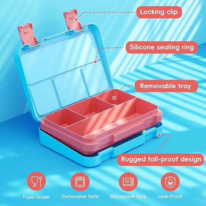 Bento Lunch Box for Kids, 4 Compartments Kids Leak Proof Back to School Bento Lunch Boxes Food Containers for School, Travel, On-the-Go Meal, Food Grade, Microwave, Dishwasher Safe