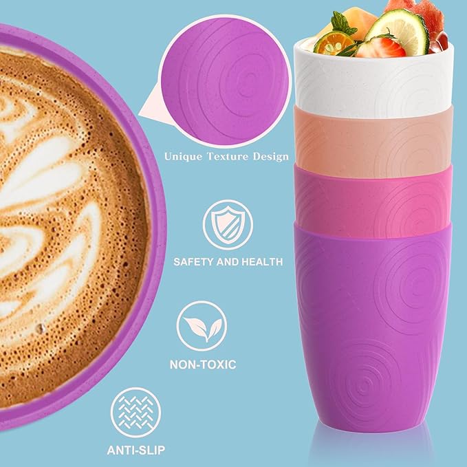 Homienly Drinking Glasses Wheat Straw Cups, Water Cup Set of 4, Reusable Cups, Unbreakable Plastic Drinking Cup, Dishwasher and Microwave safe, Cups for Kids - Flower Color