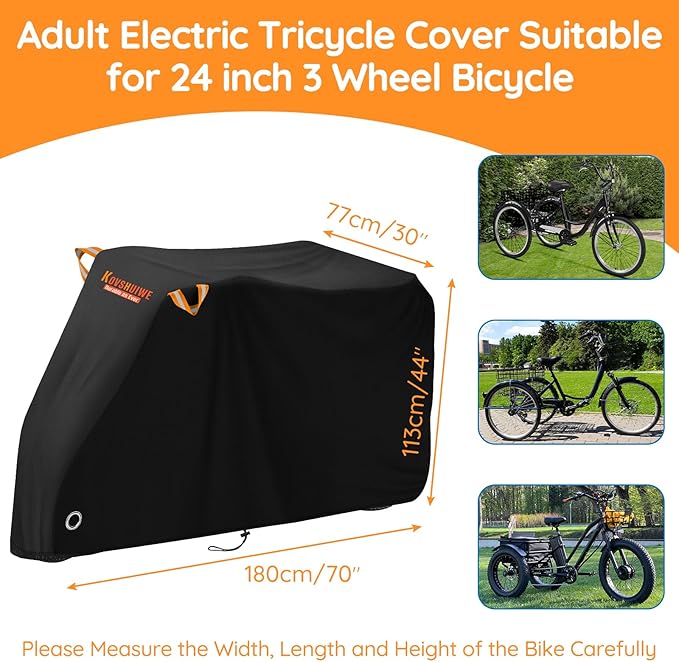 Kovshuiwe Adult Electric Tricycle Cover 24 inch 3 Wheel Bicycle Covers Heavy Duty 420D Oxford Strong UV Protection & Windproof, Waterproof Trike Bike Covers