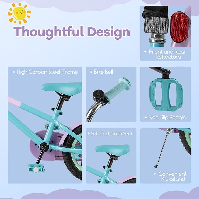 BABY JOY Colorful Macarons Kids Bike, 12 14 16 18 Inch Sporty Children's Bicycle with Training Wheels, Adjustable Handlebar & Saddle, Handbrake & Coaster Brake, Boys Girls Bike for 3-8 Years Old