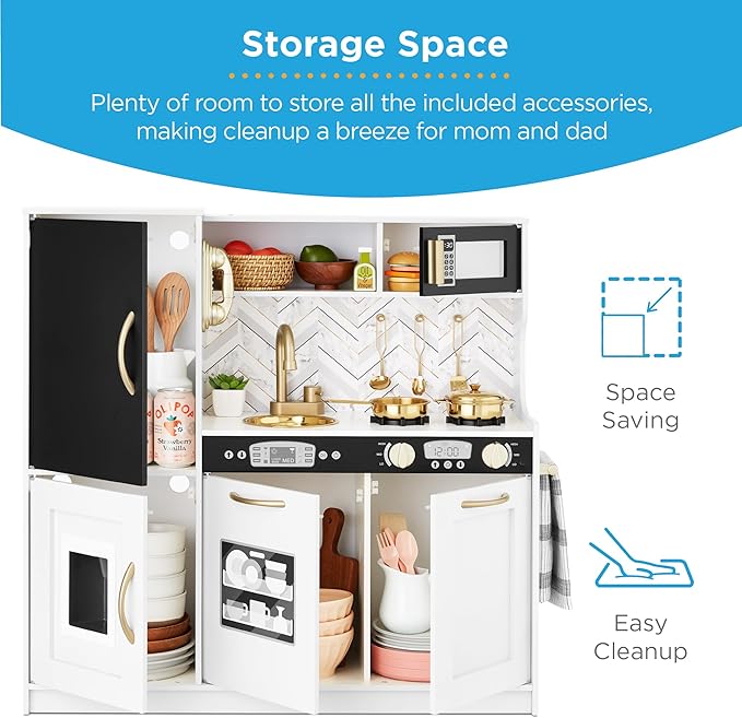 Best Choice Products Pretend Play Kitchen Wooden Toy Set for Kids w/Realistic Design, Telephone, Utensils, Oven, Microwave, Sink - White Bevel
