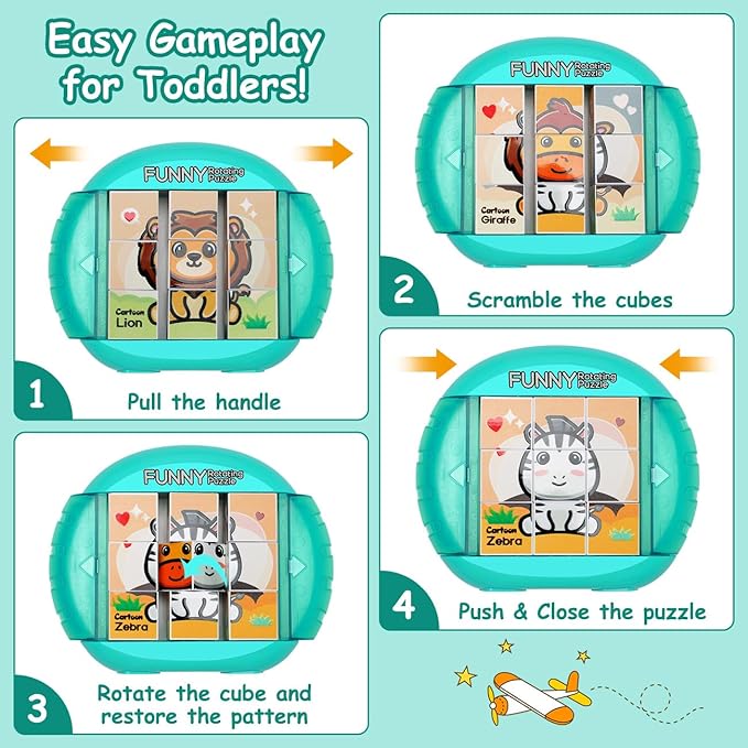 Rotating Puzzle for Kids 3 4 5 6 7 8 Year Old, 4 Puzzles in 1, Toddlers Travel, Car, Airplane, Road Trip Activities, Fine Motor Skills, Fidget, Gift for Boys & Girls Ages 3+(Animals