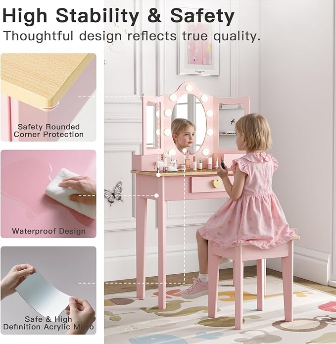labebe Kids Vanity, Girls Vanity Desk with LED Changing Lights, Pretend Play Princess Vanity Set, Wooden Toddler Makeup Desk Dressing Table with Drawer and Chair (Pink)