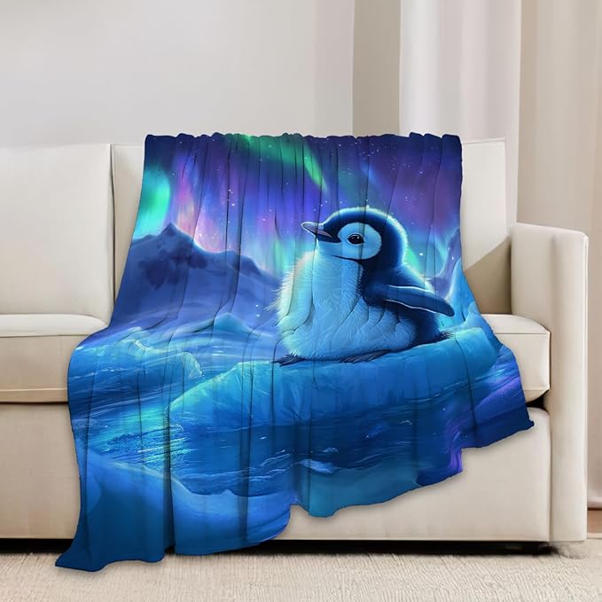 Cute Penguin Blanket Aurora Starry Night Animal Throw Blankets Gifts for Girls Boys Kids Penguin Lover Soft Cozy Fleece Plush for Couch Sofa Bed 60"x50"