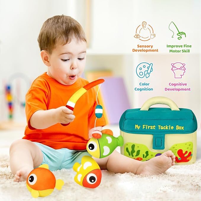 KMUYSL Baby Toys 6-24 Months, My First Tackle Box Plush Toys -4 Pcs Sensory Playset Soft Toys with Squeaker Crinkle for 6-24 Months Newborn Infant, Birthday for Boys Girls