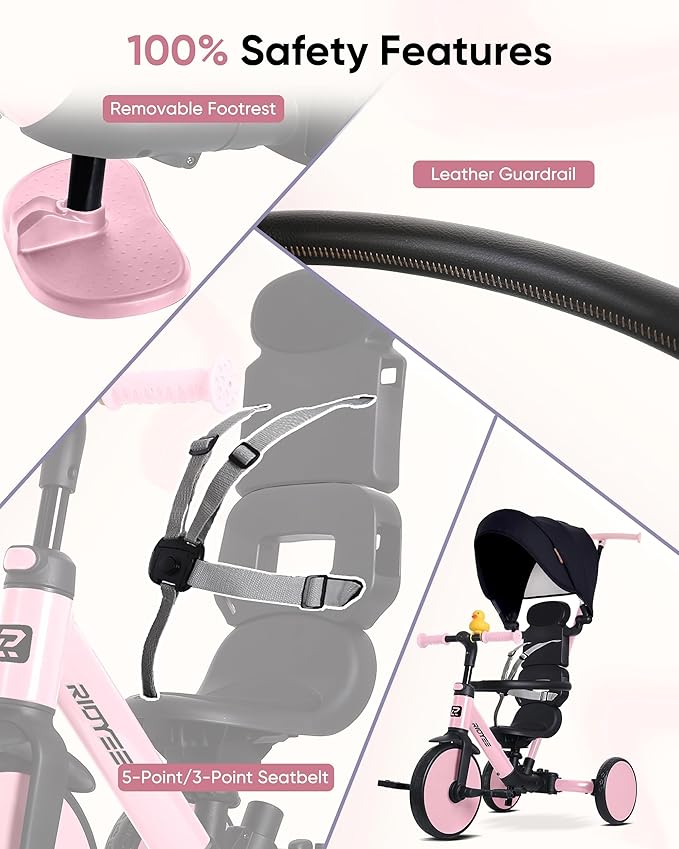 8-in-1 Tricycle for 1.5-5 Years, Tool-Free Switch, Toddler Tricycle with Parent Steering Control Handle for 1.5 to 5 Yrs, Toddler Trike 1.5-3 Years with 5-Point Harness and Large Canopy, Pink