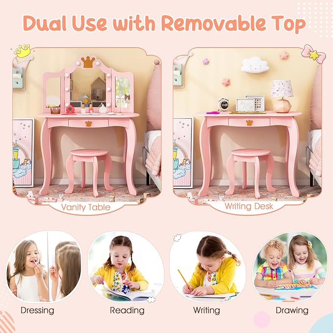 Costzon Kids Vanity with Lights, Girls Vanity Set with Mirror and Stool, Drawer, 2 in 1 Princess Makeup Desk Dressing Table, Kids Vanity Table and Chair Set (Pink)