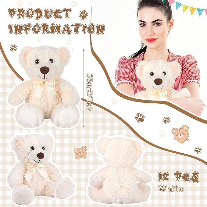 Zhanmai 12 Pcs 14 Inch Bear Stuffed Animal Bulk Operation 2025 Graduation Gifts Bulk Plush Stuffed Bear for Bridal Anniversary Shower Gifts(White)