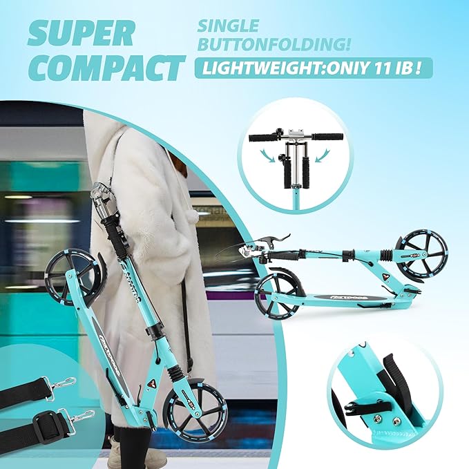 Scooter for Kids Ages 8+ Teens & Adults, Lightweight Kick Scooter with Carry Strap Adjustable Height Equipped with Front handbrake and Rear Brake, Big Sturdy PU Flash Wheels