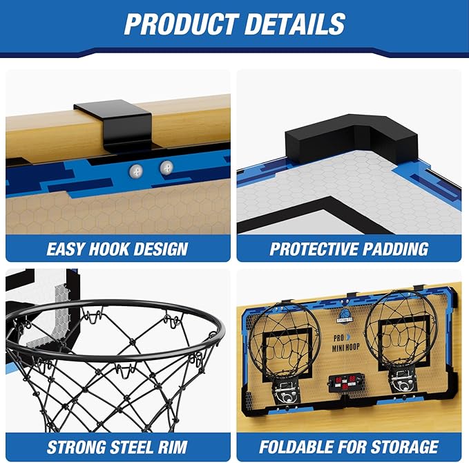 2 Player Basketball Game, Dual Shot Over The Door Mini Basketball Hoop Indoor with Scoreboard, Basketball Toy Gifts for Kids Boys Girls Adults, Suit for Bedroom/Office/Outdoor/Pool, Blue