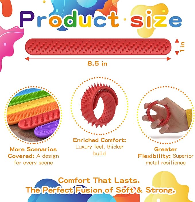 Sensory Fidget Toys for Kids, 6 Pack Textured Silicone Slap Bracelets, Stress Fidgets Toy for Classroom Anxiety Autism ADHD, Sensory Toys for Adults Office Desk, Travel, Airplane.