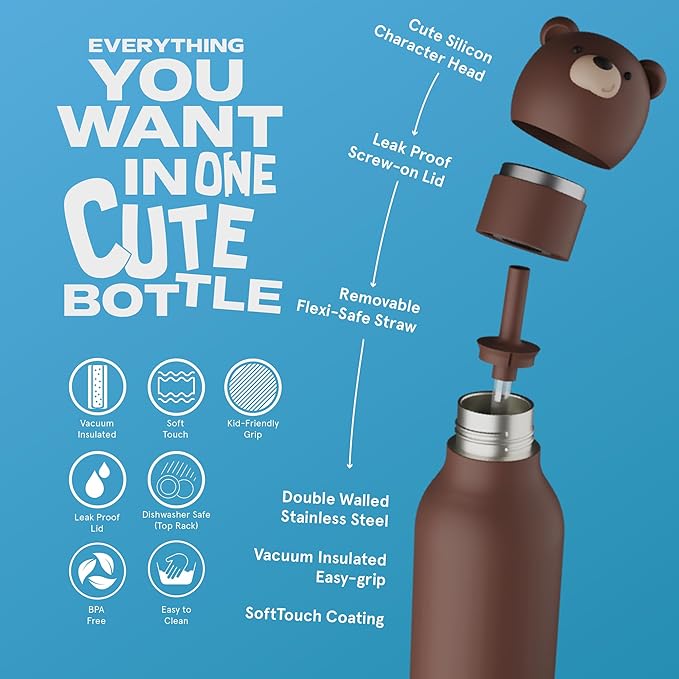 asobu Bestie Bottle Insulated Stainless Steel Water Bottle with Detachable Soft Animal Head Fun Drinking For Kids and Teens with Flexible Reusable Straw 16 Ounce (Brown Bear)