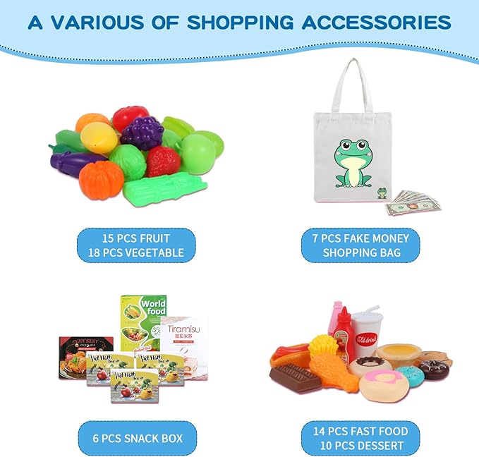 Kids Shopping Cart - 2 in 1 Toy Shopping Cart with Play Food Fruit Vegetable Dessert and Shop Accessories, 72pcs Pretend Play Grocery Store Toy Kitchen Game Trolley Play Set for Kids (Blue)