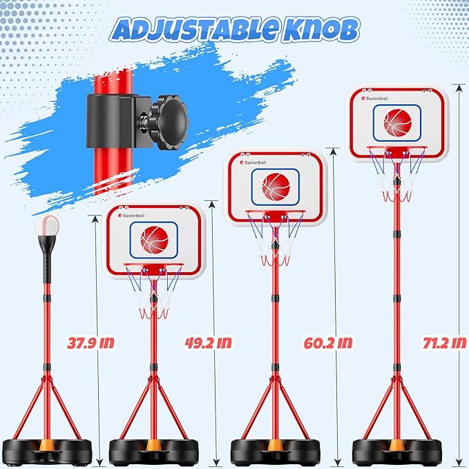 HopeRock 2 in 1 Kids Basketball Hoop and T Ball Set, Adjustable Basket Ball Stand,Hanging Tee Baseball for Toddlers Boys Girls Ages 2 3 4 5 6 7 8 Years Old, Outdoor Toys Gifts