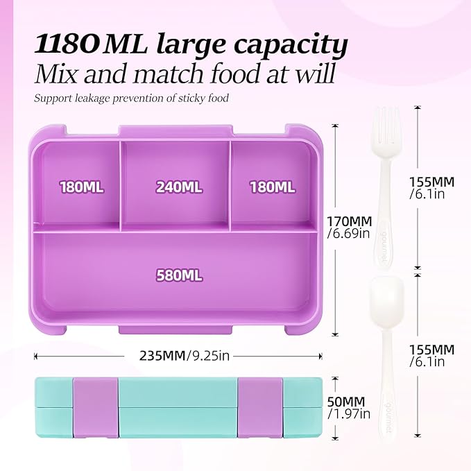 QCQHDU Bento lunch Box for Kids-4 Compartment,1180ml Lunch Containers for Adults,Microwave & Dishwasher & Freezer Safe,School,Work,Picnics with Sauce Vontainers,BPA-Free(Mermaid)