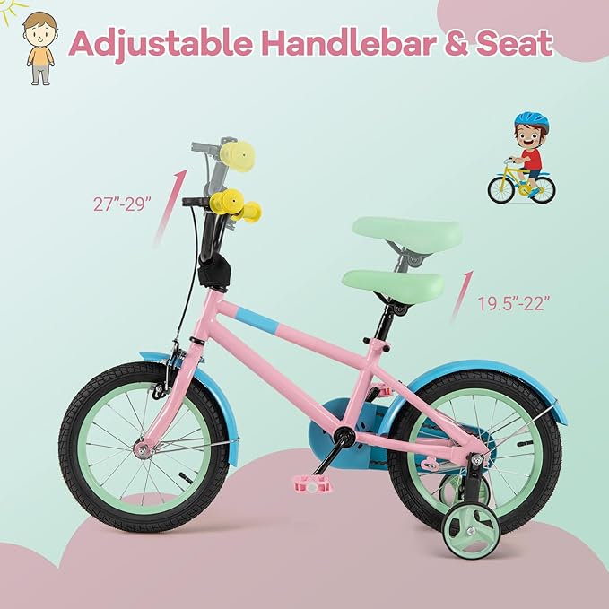 BABY JOY Colorful Macarons Kids Bike, 12 14 16 18 Inch Sporty Children's Bicycle with Training Wheels, Adjustable Handlebar & Saddle, Handbrake & Coaster Brake, Boys Girls Bike for 3-8 Years Old