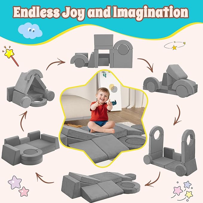 13Pcs Modular Kids Play Couch Toddler Couch Kids Sofa Playroom Furniture Convertible Foam and Floor Cushion Highly Elastic Foam for Boys and Girls (Light Gray)
