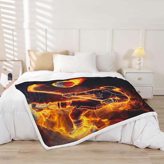 Ice Hockey Fleece Throw Blanket Fire Player Sherpa for Kids Girls Teens Boys Sports Event Plush Winter Sports Hobby Fuzzy for Sofa Bed Couch Decor Baby 30x40 Inch