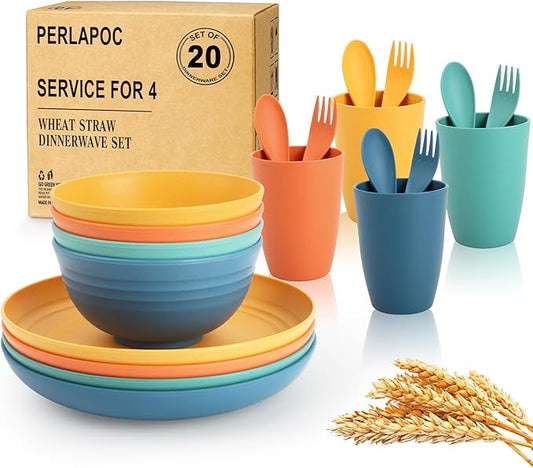 Wheat Straw Dinnerware Sets, 20 PCS Service for 4, Dishwasher & Microwave Safe Kids Plates and Bowls Sets, Unbreakable Lightweight Outdoor Camping Dishes - Multicolor