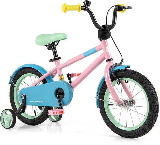 BABY JOY Colorful Macarons Kids Bike, 12 14 16 18 Inch Sporty Children's Bicycle with Training Wheels, Adjustable Handlebar & Saddle, Handbrake & Coaster Brake, Boys Girls Bike for 3-8 Years Old