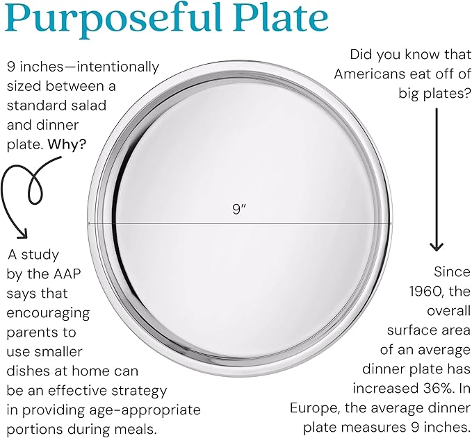 Ahimsa Stainless Steel Kids Plates, 9" Polished Non Divided Stainless Steel Plates, Pediatrician Designed & Non Toxic, Unbreakable, Dishwasher Safe, Single Classsic Silver