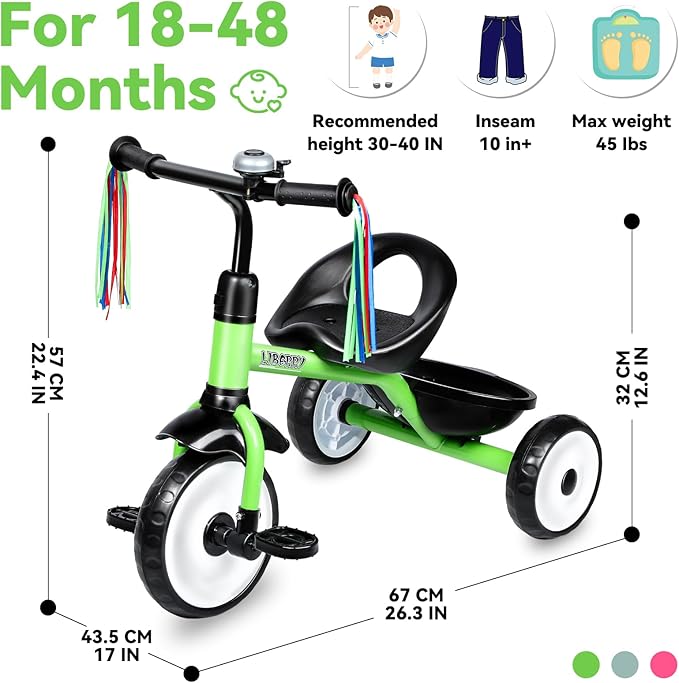 Liberry Toddler Tricycle Age 2 3 4 Years Old, Kids Trike with Bell, Back Basket and Removable Pedal, 3 Wheel Bike Birthday Toys Gift for Boys Girls, Green