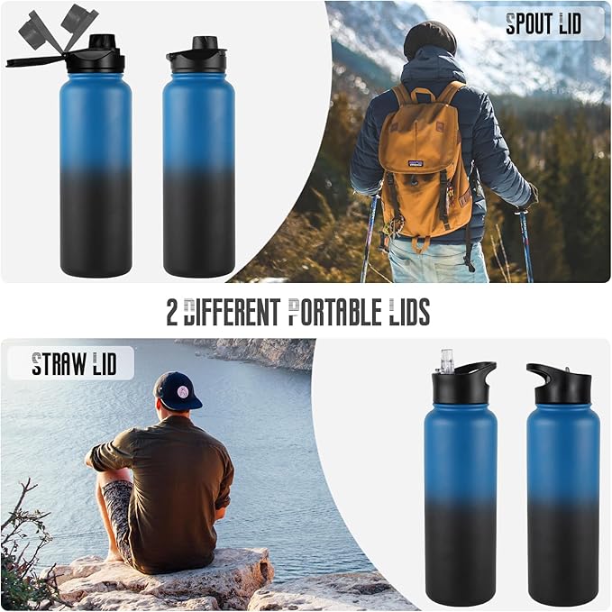 40 oz Insulated Water Bottle with Straw, Stainless Steel Sports Water Bottles with 2 Lids (Straw and Wide Mouth lid), Double Wall Vacuum, Leakproof, BPA-Free, Blue Black Gradient