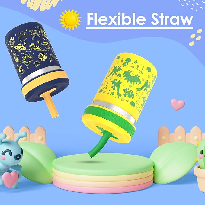 Sursip Toddlers Sippy Cups Stainless Steel Kids Cups with Straws and Lids | Spill-Proof Tumbler Drinks & Snacks, Smoothie Cups, BPA-Free, Dishwasher Safe,2 Packs