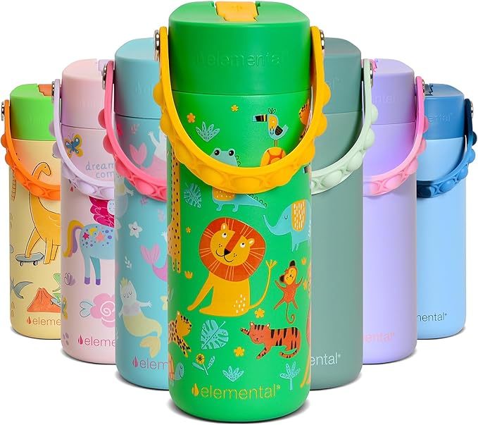 Elemental Insulated Kids Water Bottle, Stainless Steel Water Bottle with Straw Lid & Pop-It Handle, Leak-Proof Water Bottles for School, Boys or Girls, Travelling and Sports, 18oz - Green Jungle